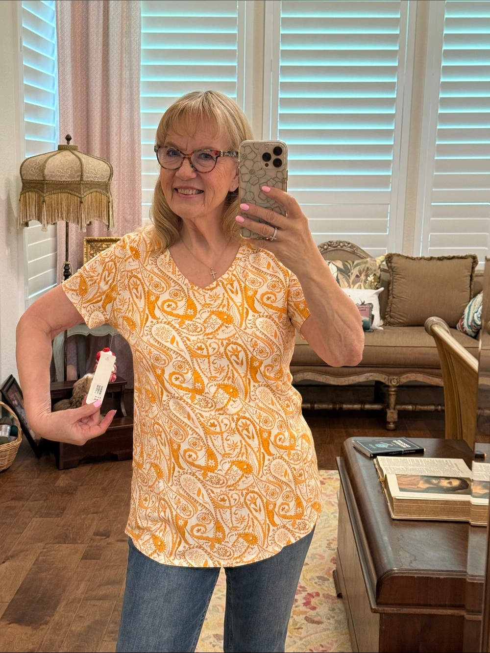 Soft Surroundings Orange and White Paisley Tee